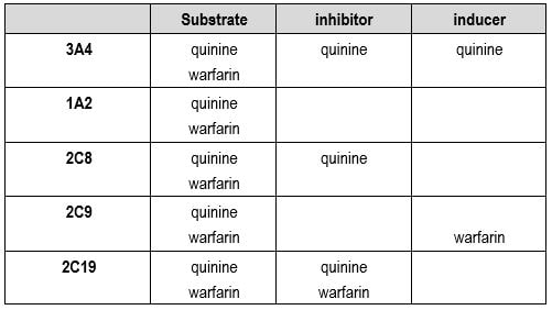 Matrix for warfarin, quinine and CYPs for Mrs AGH