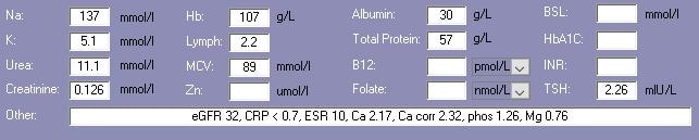 Mrs AGO's blood test results Blood test results for Mrs AGO